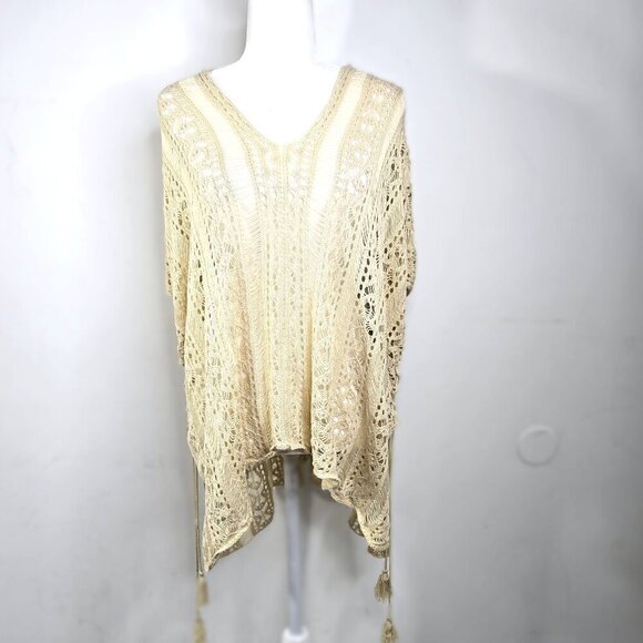 Women's Boho Canary Yellow Crochet Open Knit V Nech Poncho Swim Beach Cover - Picture 2 of 11